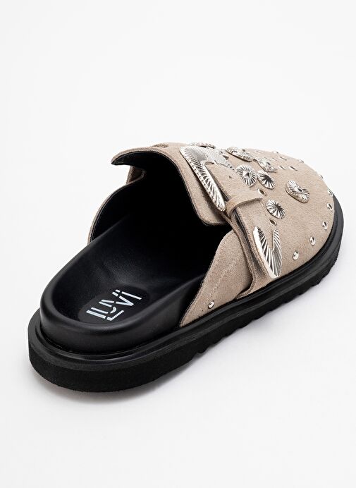 MARİL Bej Süet Hakiki Deri Kemerli Tokalı Burnu Kapalı Kadın Terlik - Görsel 6