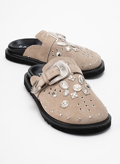 MARİL Bej Süet Hakiki Deri Kemerli Tokalı Burnu Kapalı Kadın Terlik - Görsel 2