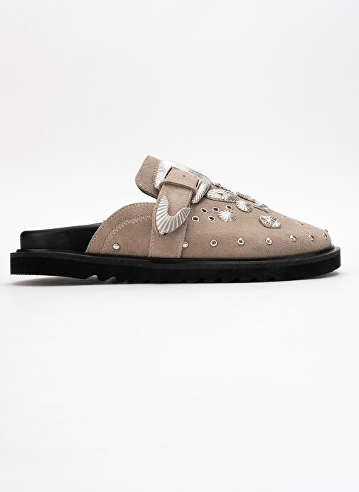 MARİL Bej Süet Hakiki Deri Kemerli Tokalı Burnu Kapalı Kadın Terlik - Görsel 7