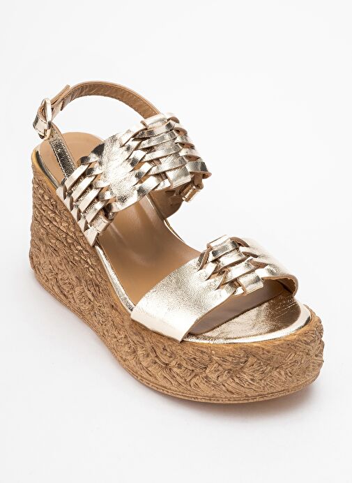 OLİEN Altın Cilt Hakiki Deri Kadın Dolgu Topuklu Sandalet - Görsel 4