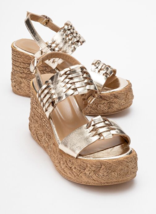 OLİEN Altın Cilt Hakiki Deri Kadın Dolgu Topuklu Sandalet - Görsel 2