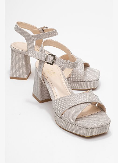 LİSBON Altın Simli Çapraz Bantlı Kadın Platform Topuklu Ayakkabı - Görsel 2