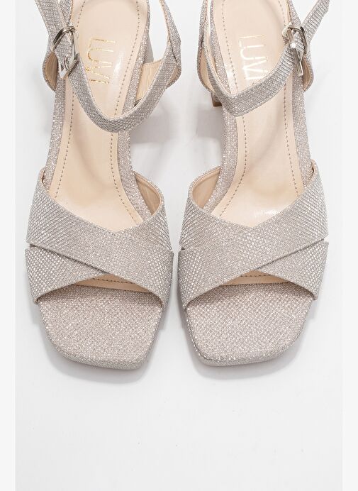LİSBON Altın Simli Çapraz Bantlı Kadın Platform Topuklu Ayakkabı - Görsel 3