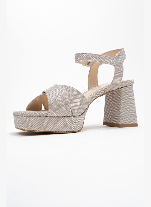 LİSBON Altın Simli Çapraz Bantlı Kadın Platform Topuklu Ayakkabı - Görsel 5