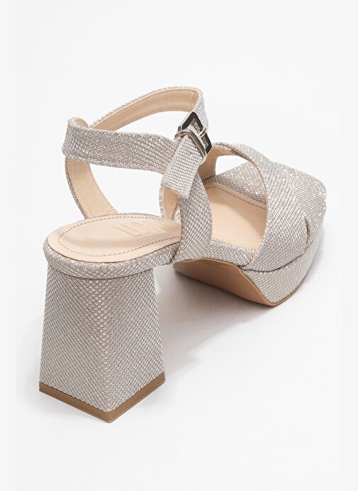 LİSBON Altın Simli Çapraz Bantlı Kadın Platform Topuklu Ayakkabı - Görsel 6