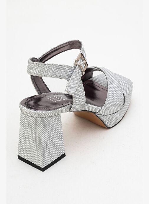 LİSBON Gümüş Simli Çapraz Bantlı Kadın Platform Topuklu Ayakkabı - Görsel 6