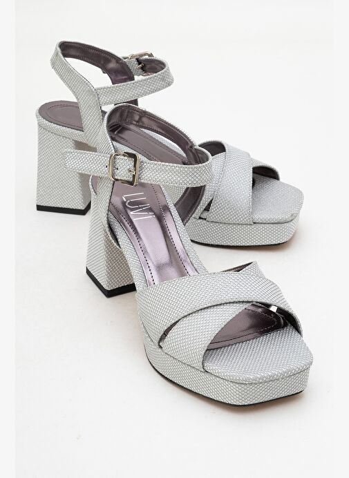 LİSBON Gümüş Simli Çapraz Bantlı Kadın Platform Topuklu Ayakkabı - Görsel 2