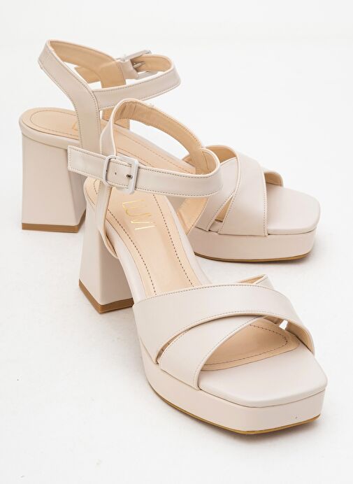 LİSBON Bej Cilt Çapraz Bantlı Kadın Platform Topuklu Ayakkabı - Görsel 2