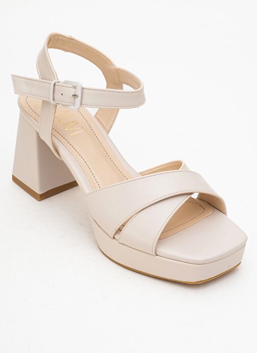 LİSBON Bej Cilt Çapraz Bantlı Kadın Platform Topuklu Ayakkabı - Görsel 4
