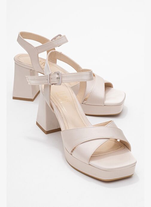 LİSBON Bej Saten Çapraz Bantlı Kadın Platform Topuklu Ayakkabı - Görsel 2