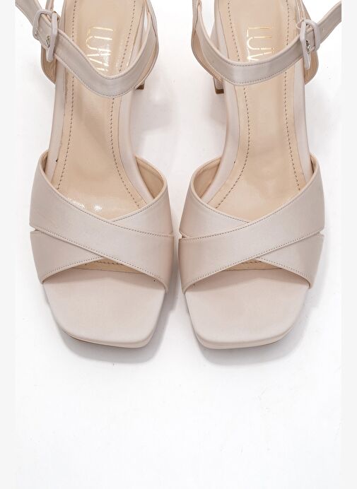 LİSBON Bej Saten Çapraz Bantlı Kadın Platform Topuklu Ayakkabı - Görsel 3