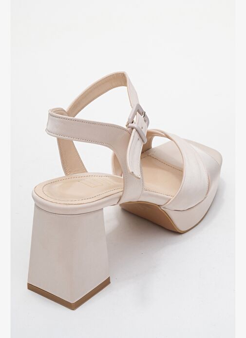 LİSBON Bej Saten Çapraz Bantlı Kadın Platform Topuklu Ayakkabı - Görsel 6