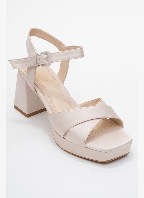 LİSBON Bej Saten Çapraz Bantlı Kadın Platform Topuklu Ayakkabı - Görsel 4