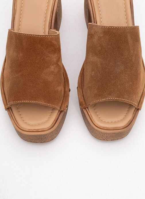 PULL Taba Süet Hakiki Deri Kadın Platform Topuklu Terlik - Görsel 3