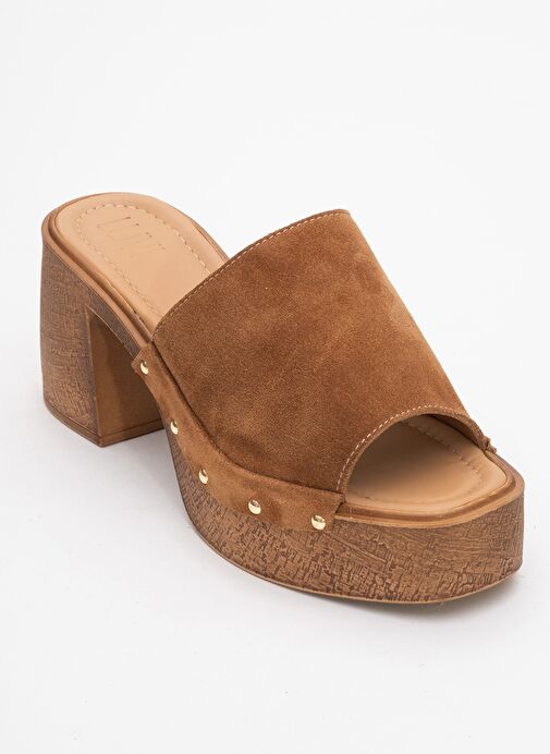PULL Taba Süet Hakiki Deri Kadın Platform Topuklu Terlik - Görsel 4