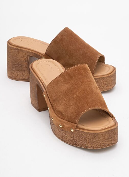 PULL Taba Süet Hakiki Deri Kadın Platform Topuklu Terlik - Görsel 2