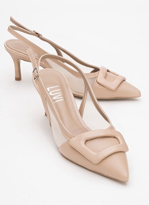 FOLEY Koyu Bej Rugan Çizgili Kadın Sivri Burun Arkası Açık İnce Topuklu Ayakkabı - Görsel 2