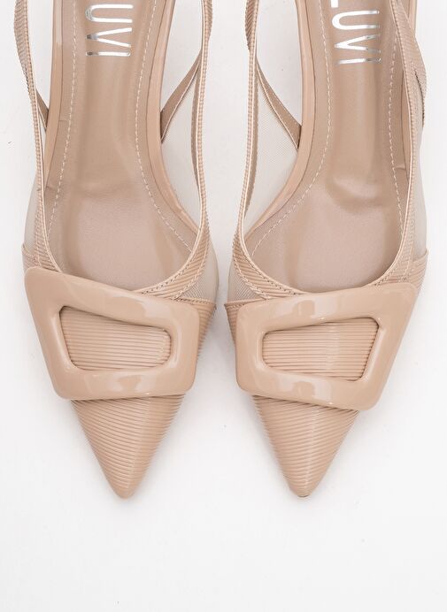 FOLEY Koyu Bej Rugan Çizgili Kadın Sivri Burun Arkası Açık İnce Topuklu Ayakkabı - Görsel 3