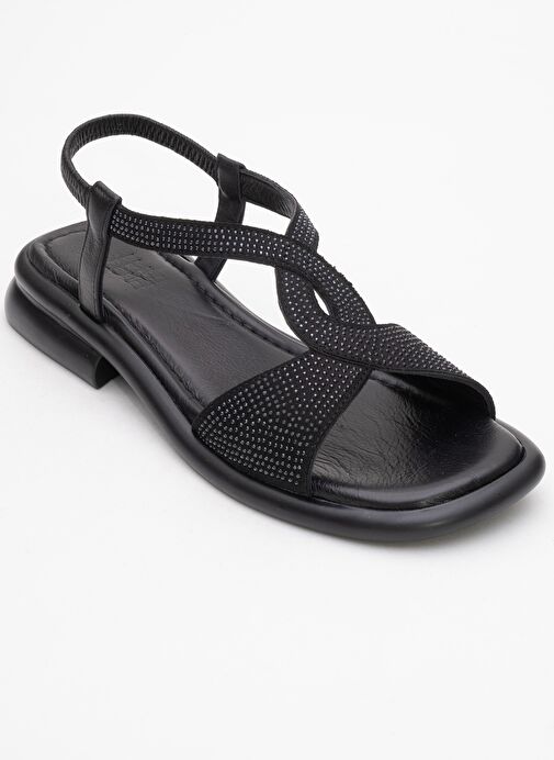AURORA Siyah Hakiki Deri Taşlı Kadın Sandalet - Görsel 4