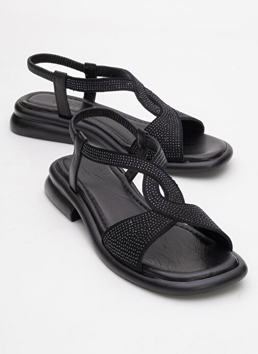 AURORA Siyah Hakiki Deri Taşlı Kadın Sandalet - Görsel 2