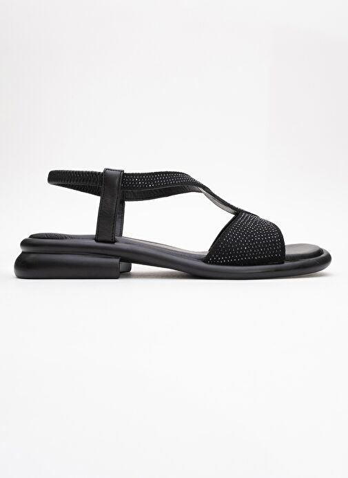 AURORA Siyah Hakiki Deri Taşlı Kadın Sandalet - Görsel 7