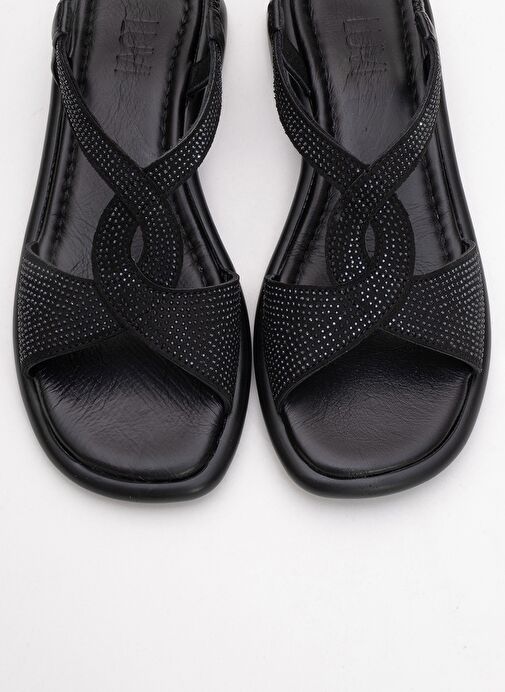 AURORA Siyah Hakiki Deri Taşlı Kadın Sandalet - Görsel 3