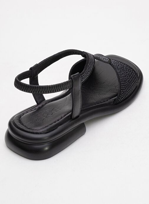 AURORA Siyah Hakiki Deri Taşlı Kadın Sandalet - Görsel 6