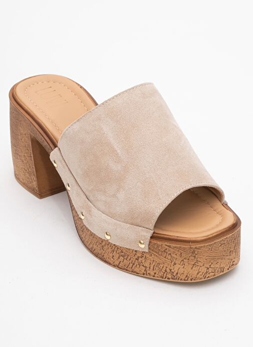 PULL Bej Süet Hakiki Deri Kadın Platform Topuklu Terlik - Görsel 4