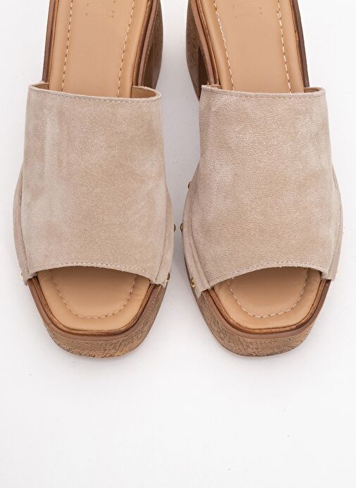 PULL Bej Süet Hakiki Deri Kadın Platform Topuklu Terlik - Görsel 3