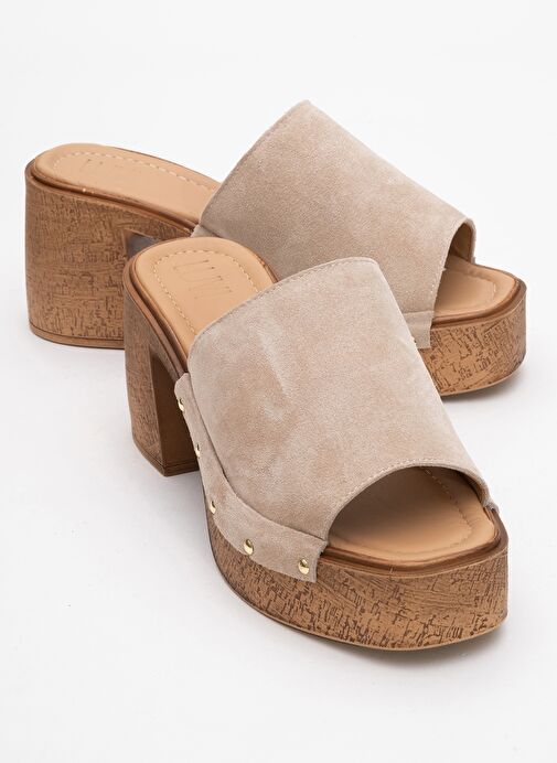 PULL Bej Süet Hakiki Deri Kadın Platform Topuklu Terlik - Görsel 2