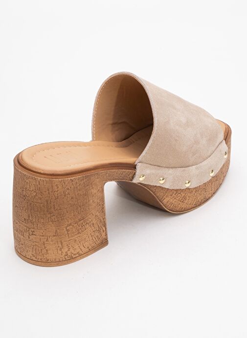 PULL Bej Süet Hakiki Deri Kadın Platform Topuklu Terlik - Görsel 6