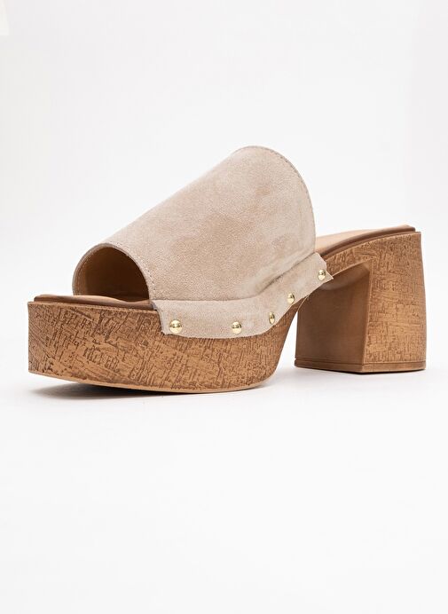 PULL Bej Süet Hakiki Deri Kadın Platform Topuklu Terlik - Görsel 5