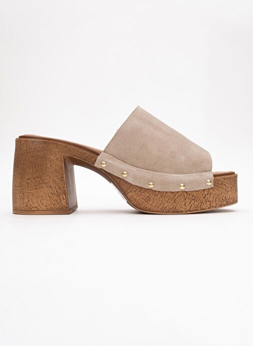 PULL Bej Süet Hakiki Deri Kadın Platform Topuklu Terlik - Görsel 7