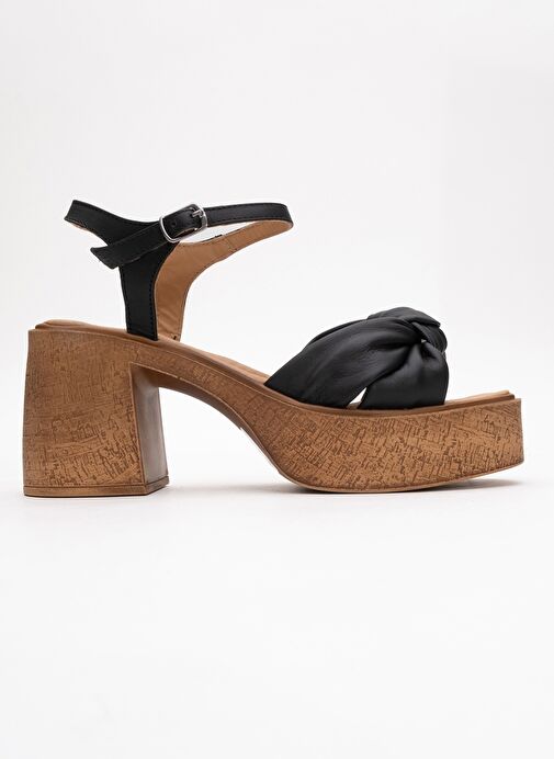 TILY Siyah Cilt Hakiki Deri Kadın Platform Topuklu Sandalet - Görsel 7