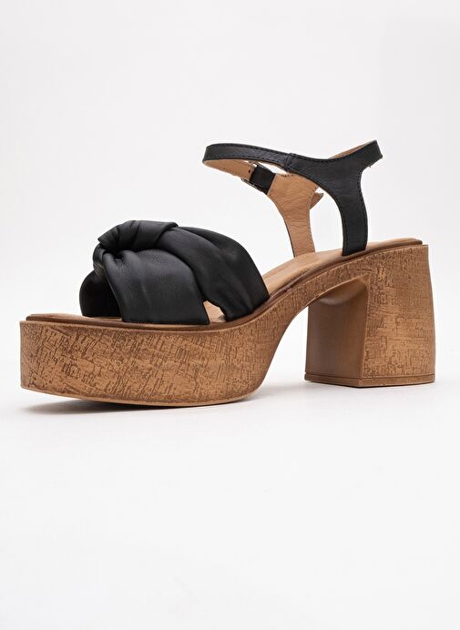 TILY Siyah Cilt Hakiki Deri Kadın Platform Topuklu Sandalet - Görsel 5