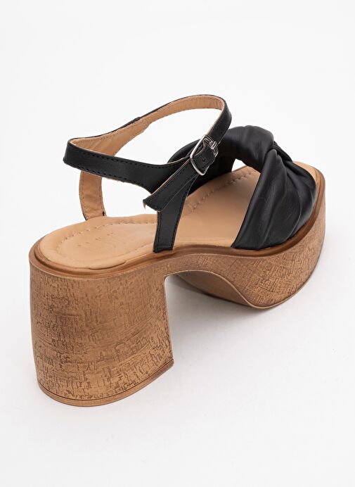 TILY Siyah Cilt Hakiki Deri Kadın Platform Topuklu Sandalet - Görsel 6