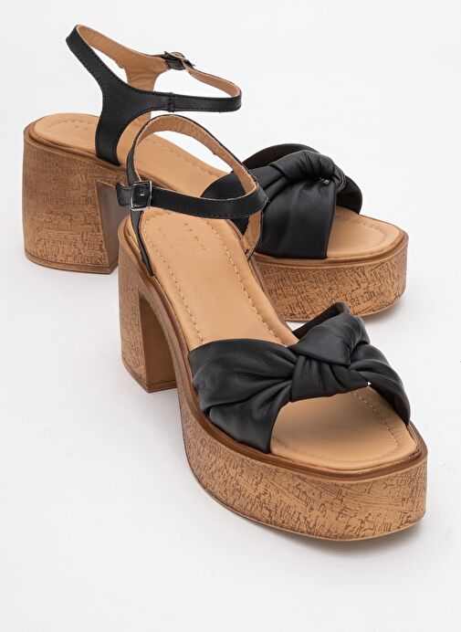 TILY Siyah Cilt Hakiki Deri Kadın Platform Topuklu Sandalet - Görsel 2