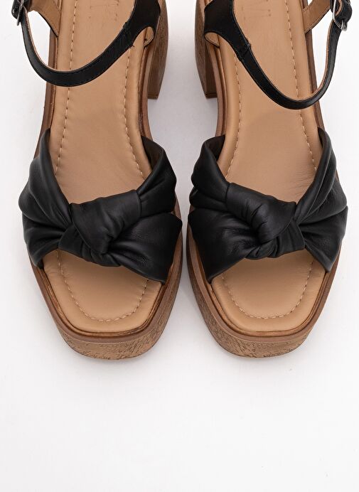 TILY Siyah Cilt Hakiki Deri Kadın Platform Topuklu Sandalet - Görsel 3
