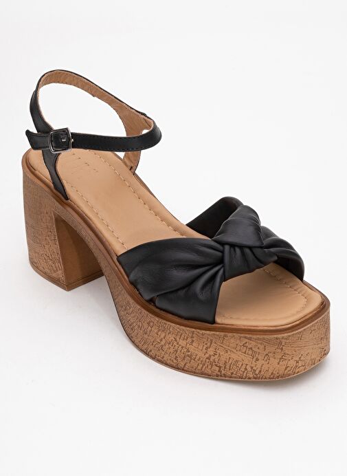 TILY Siyah Cilt Hakiki Deri Kadın Platform Topuklu Sandalet - Görsel 4