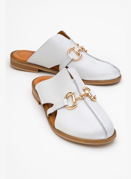 FAVOR Beyaz Cilt Hakiki Deri Tokalı Önü Kapalı Kadın Terlik - Görsel 2