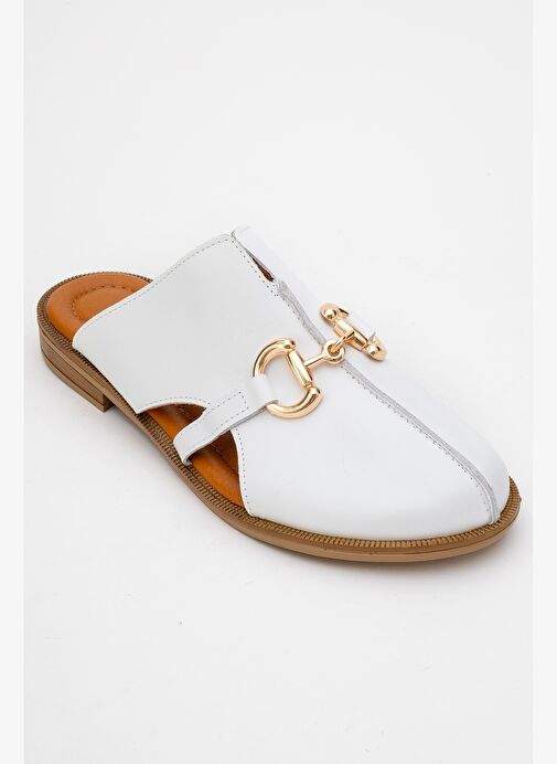 FAVOR Beyaz Cilt Hakiki Deri Tokalı Önü Kapalı Kadın Terlik - Görsel 4
