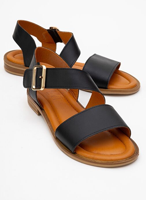 MAJESTY Siyah Cilt Hakiki Deri Kadın Sandalet - Görsel 2