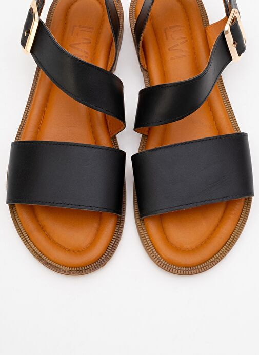 MAJESTY Siyah Cilt Hakiki Deri Kadın Sandalet - Görsel 3