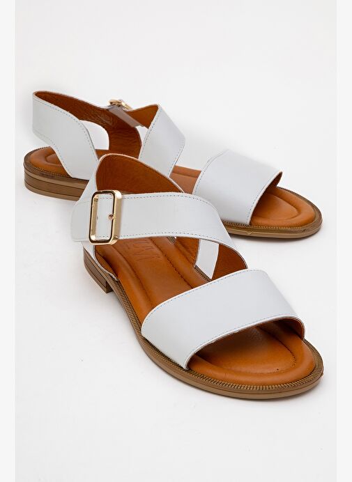 MAJESTY Beyaz Cilt Hakiki Deri Kadın Sandalet - Görsel 2