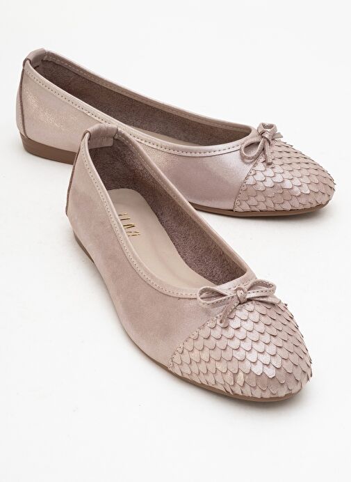 02 Koyu Bej Simli Hakiki Deri Kadın Babet Ayakkabı - Görsel 2