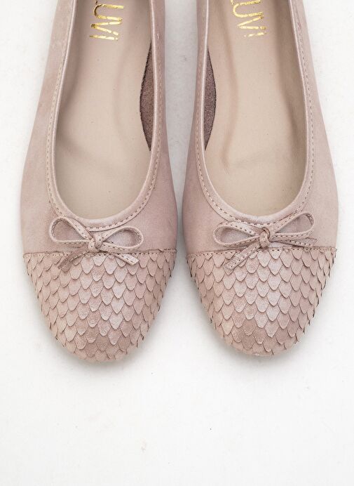 02 Koyu Bej Simli Hakiki Deri Kadın Babet Ayakkabı - Görsel 3