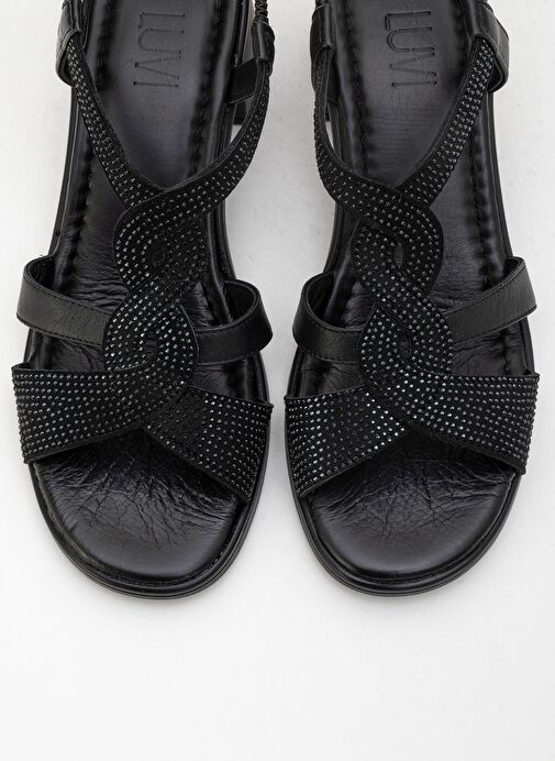 DOLEN Siyah Taşlı Hakiki Deri Kadın Kalın Topuklu Sandalet - Görsel 3