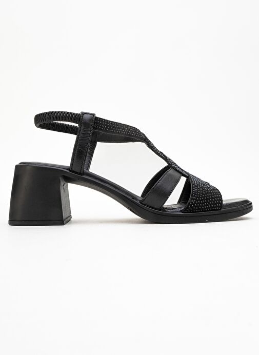 DOLEN Siyah Taşlı Hakiki Deri Kadın Kalın Topuklu Sandalet - Görsel 7