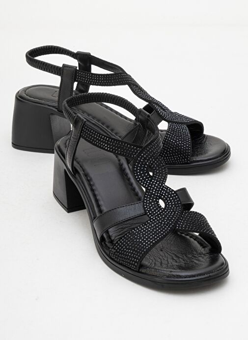 DOLEN Siyah Taşlı Hakiki Deri Kadın Kalın Topuklu Sandalet - Görsel 2