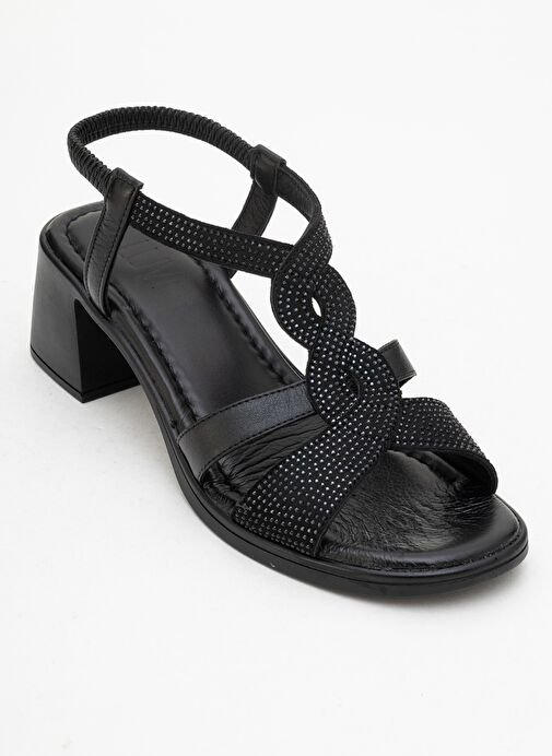 DOLEN Siyah Taşlı Hakiki Deri Kadın Kalın Topuklu Sandalet - Görsel 4